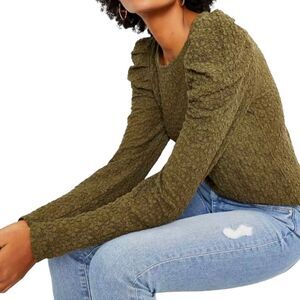 LOFT Lace Pleated Puff Sleeve Top in Vintage Olive